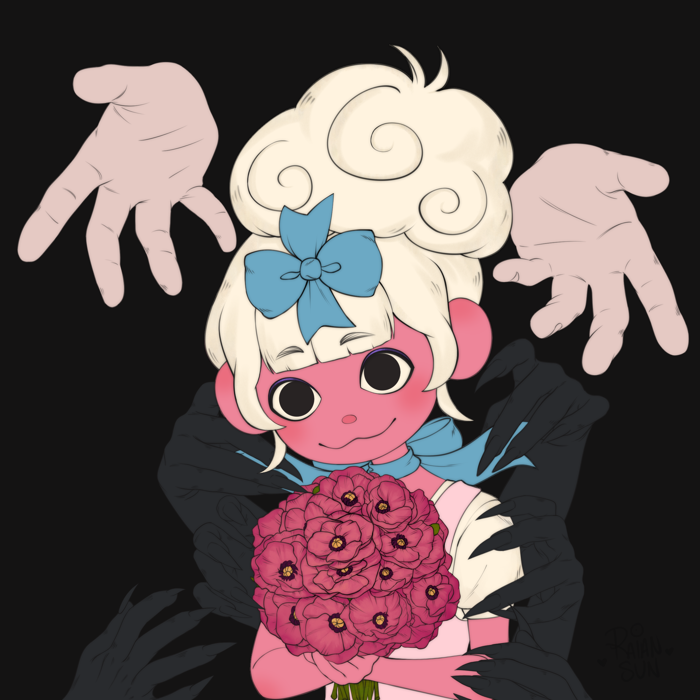 A drawing of a doll-like character holding a bouquet, the picture contains colors with almost no shading.