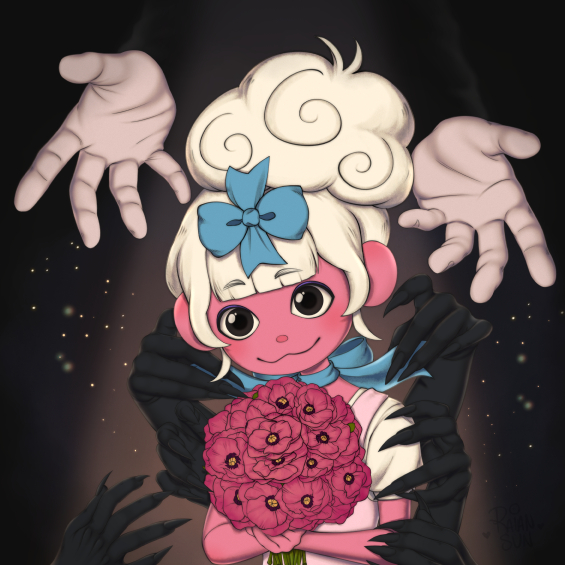 A fully-colored and shaded drawing of a doll-like character holding a bouquet.