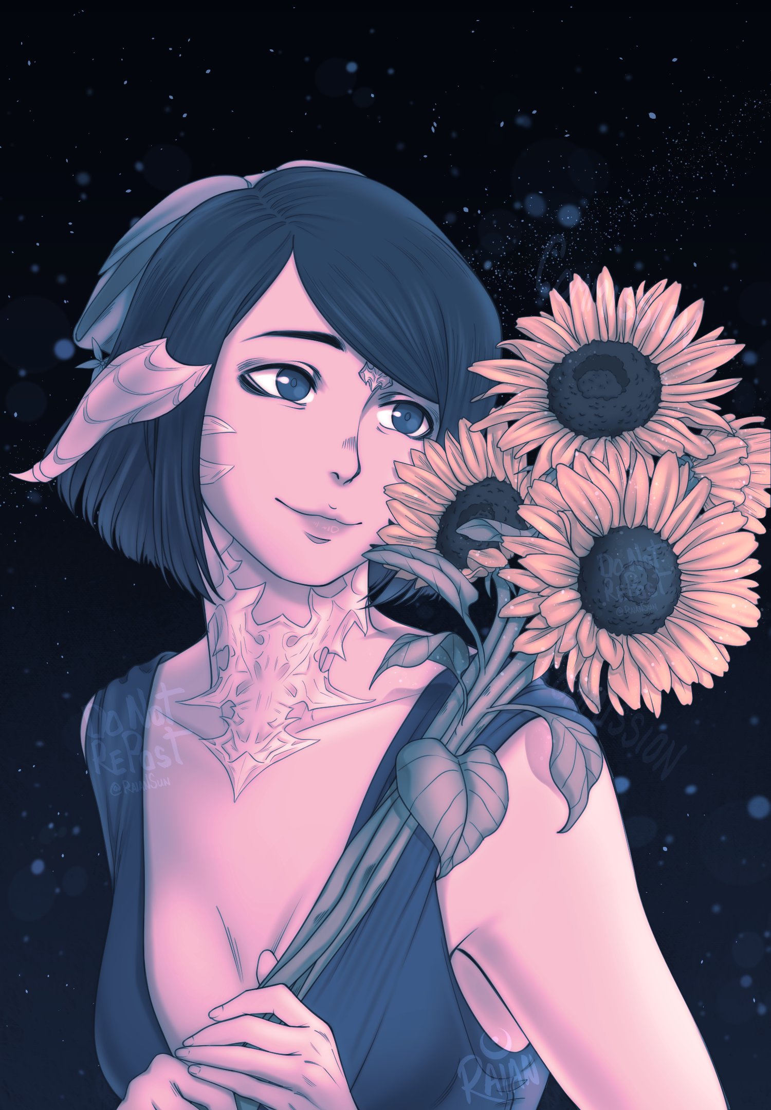 A girl with several sunflowers. She has a neck tattoo.