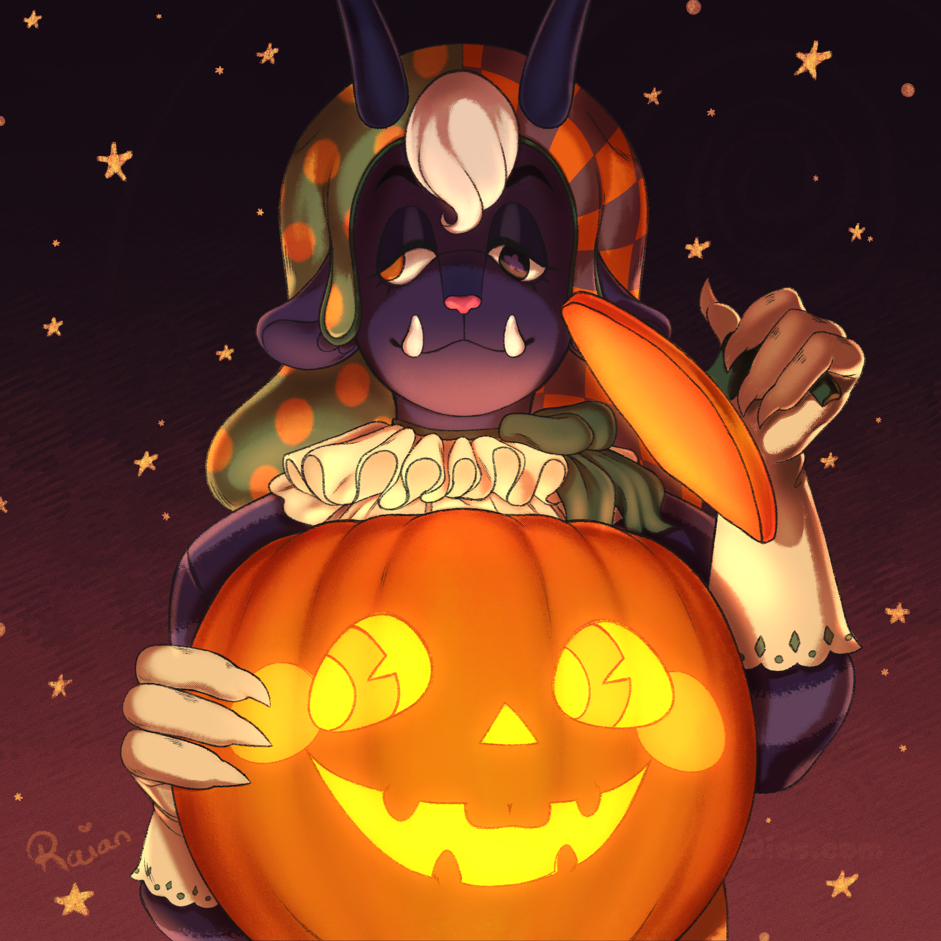 A Jester, a large purple goat puppet. He's smiling while he holds a pumpkin stem. Light shines from underneath, casting his eyes in shadow.