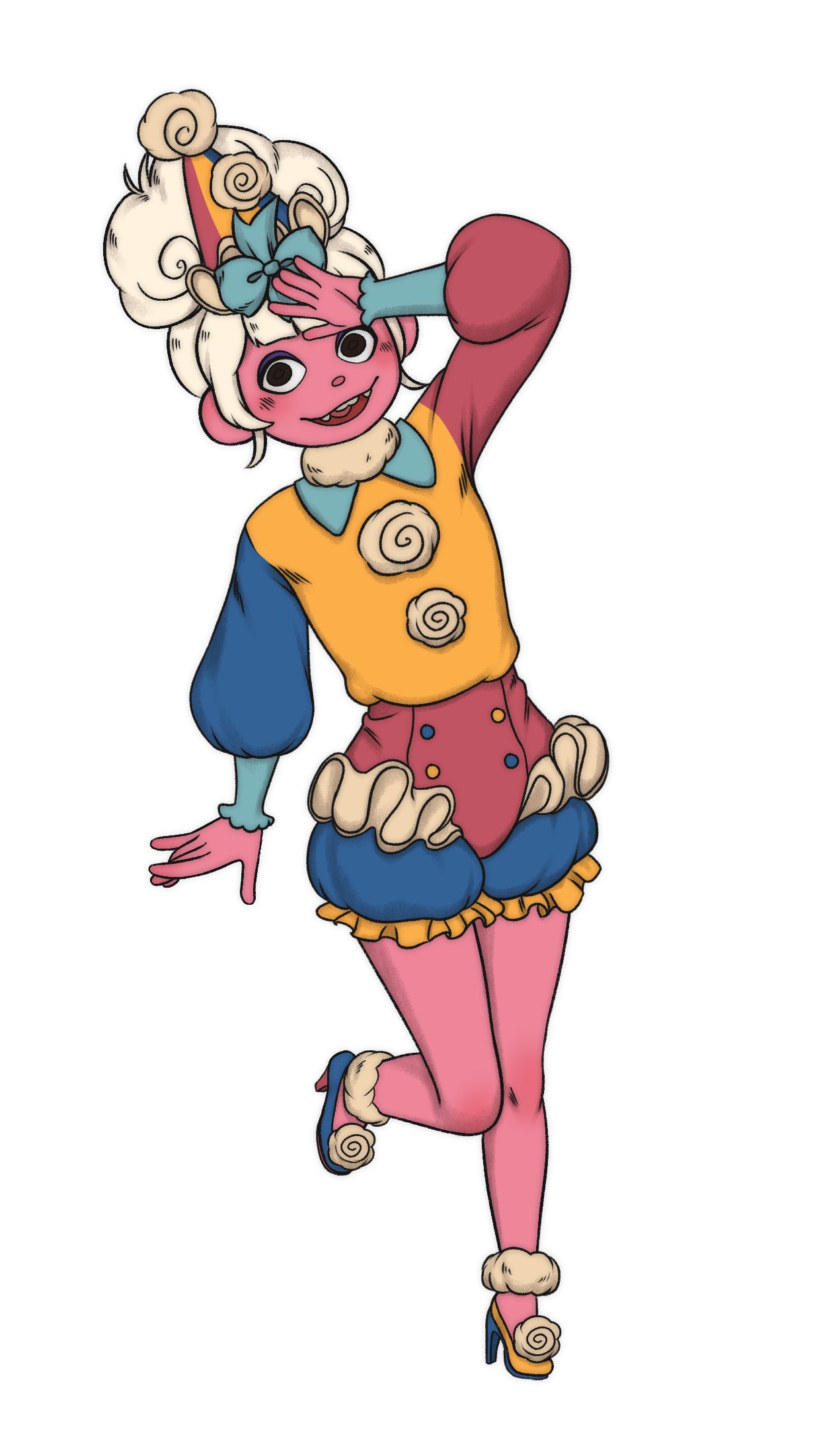 A colorful puppet girl striking a pose. She has pink skin.