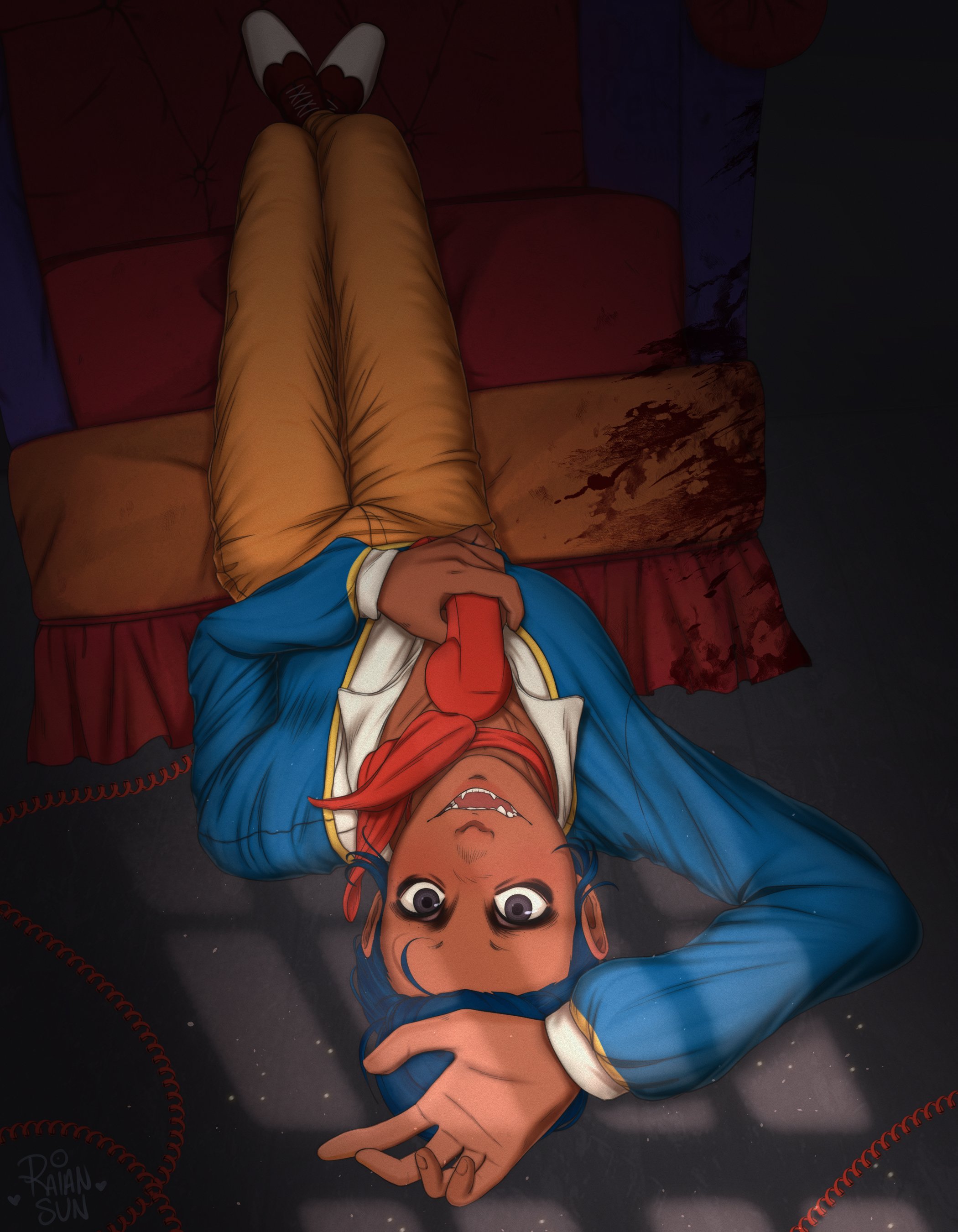 A puppet man laying on the floor. There is blood behind him.