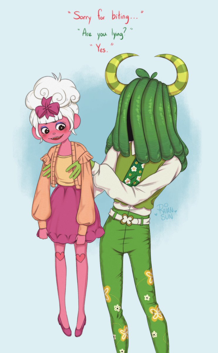 A puppet girl being picked up by a taller green man with horns and long hair covering his face.