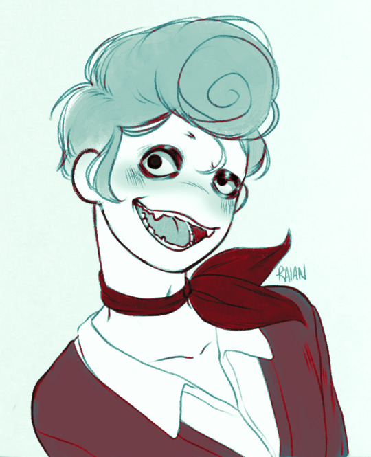 A puppet man with curly hair. He has sharp teeth and a mischevious expression.