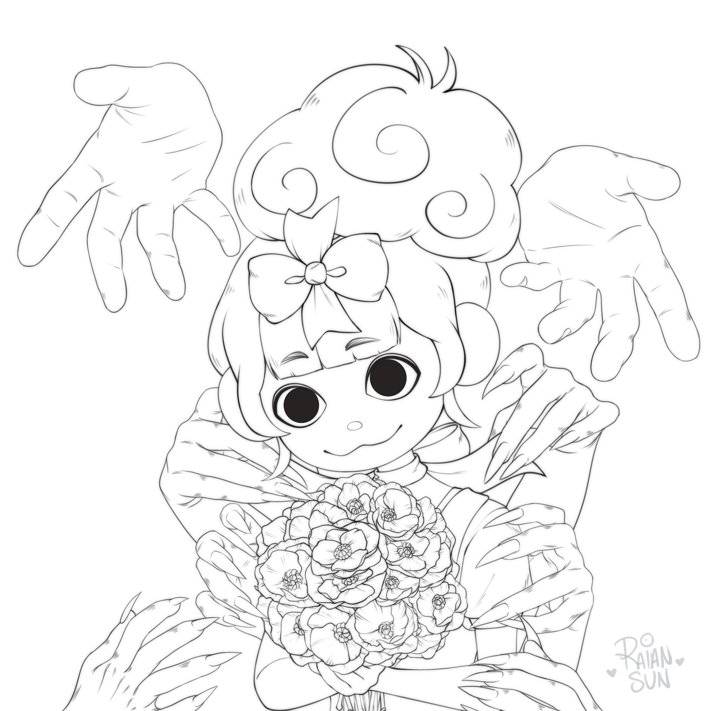 Line art of a doll-like character holding a bouquet.