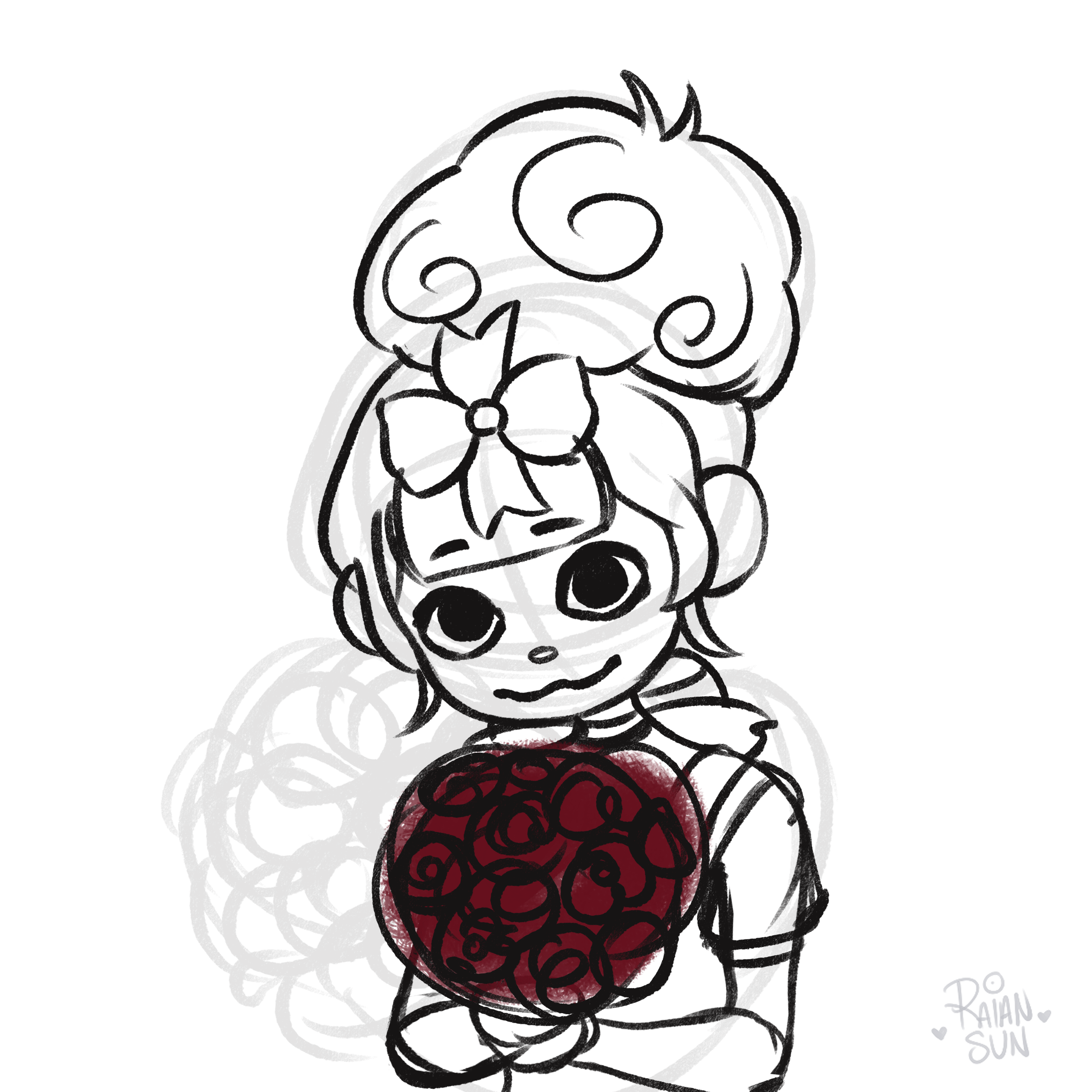 A sketch of a doll-like character holding a bouquet.